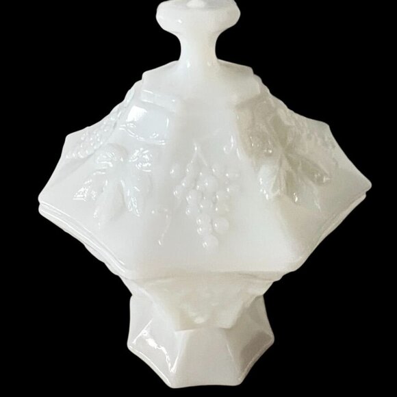 Vtg Milk Glass Lidded Candy Dish Embossed Grapes Leaves Smooth Glass Compote - Picture 4 of 13